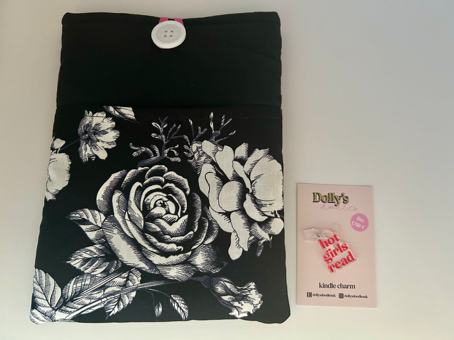 Black Floral Kindle Sleeve and “Hot Girls Read” Kindle Charm