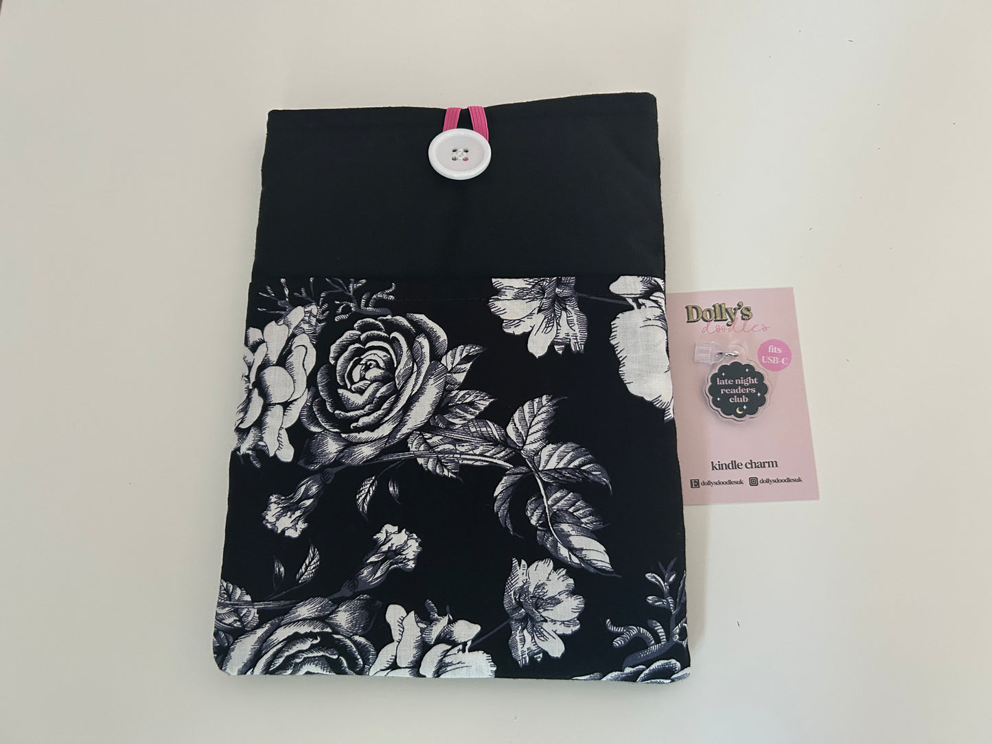 Black Floral Kindle Sleeve and “Late Night Readers Club” Kindle Charm