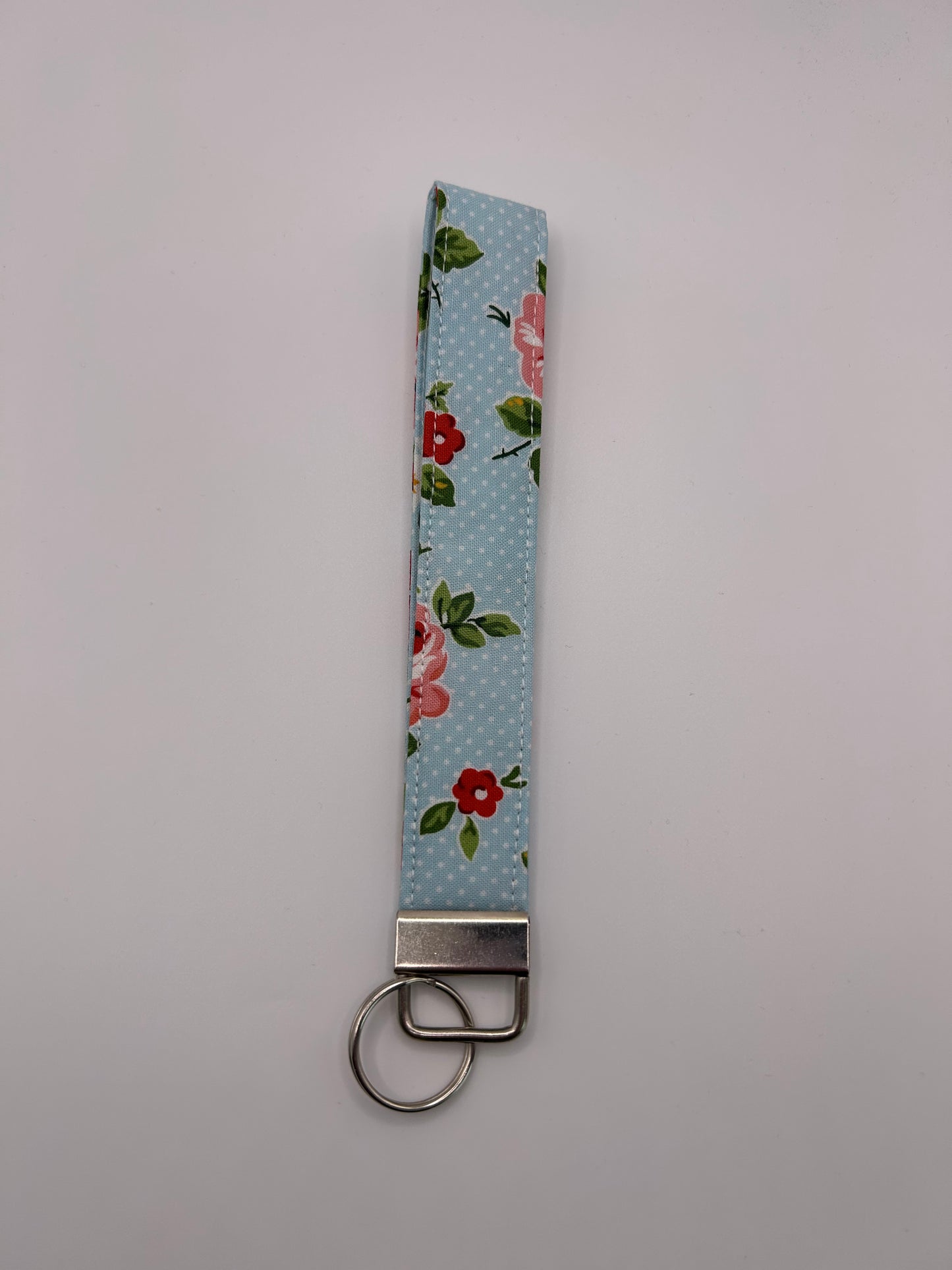 Blue Polka Dot with Red and Pink Flowers Wristlet