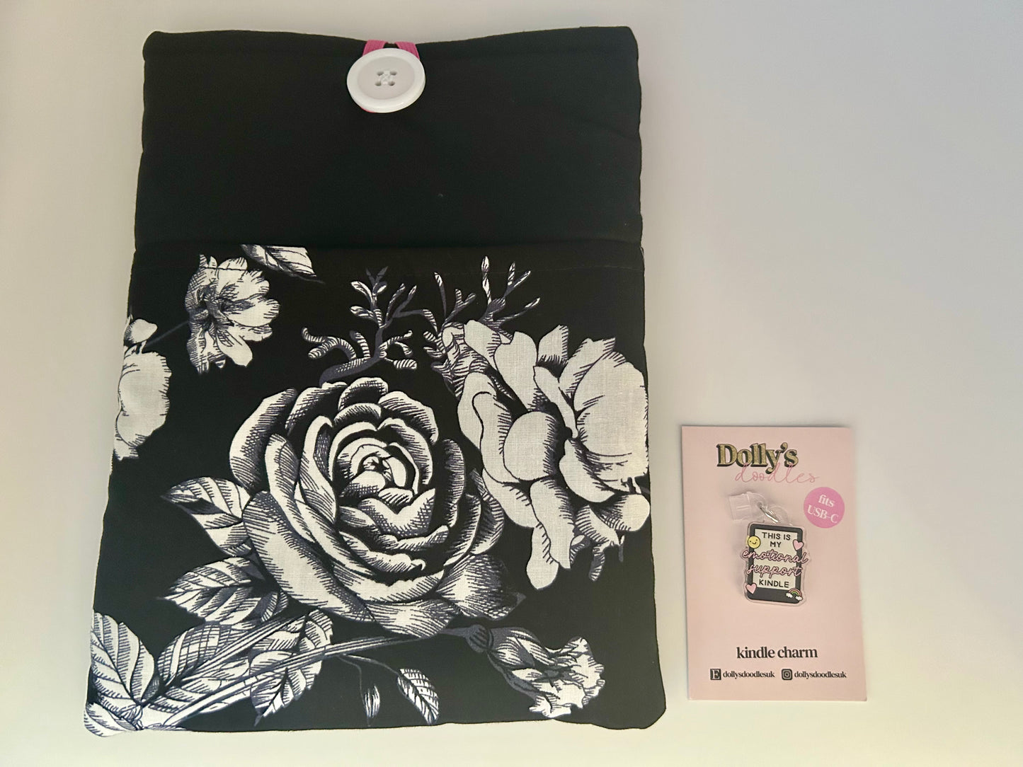 Black Floral Kindle Sleeve and “This is My Emotional Support Kindle” Kindle Charm