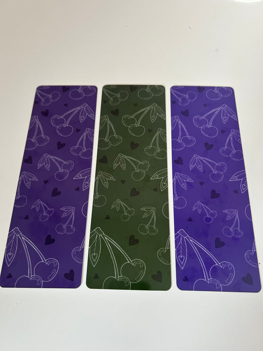 Laminated Purple/Green Cherries Bookmark Pack