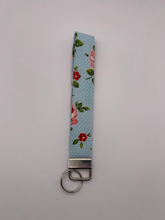 Blue Polka Dot with Red and Pink Flowers Wristlet