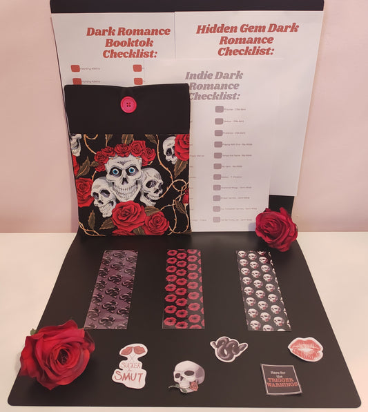 Skull + Roses Book Sleeve, 5 Stickers, 3 Bookmarks and 3 Checklists Dark Romance Bundle