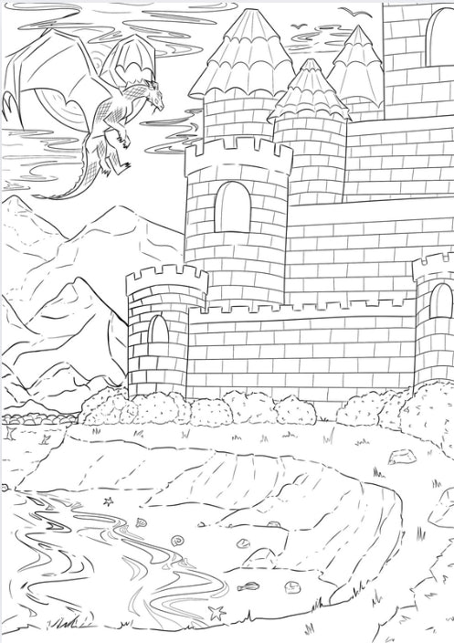 Castle and Dragon PDF Colouring Page